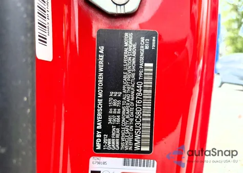 2013 Mini Cooper z USA, uszkodzony, nr VIN WMWSU3C58DT678440